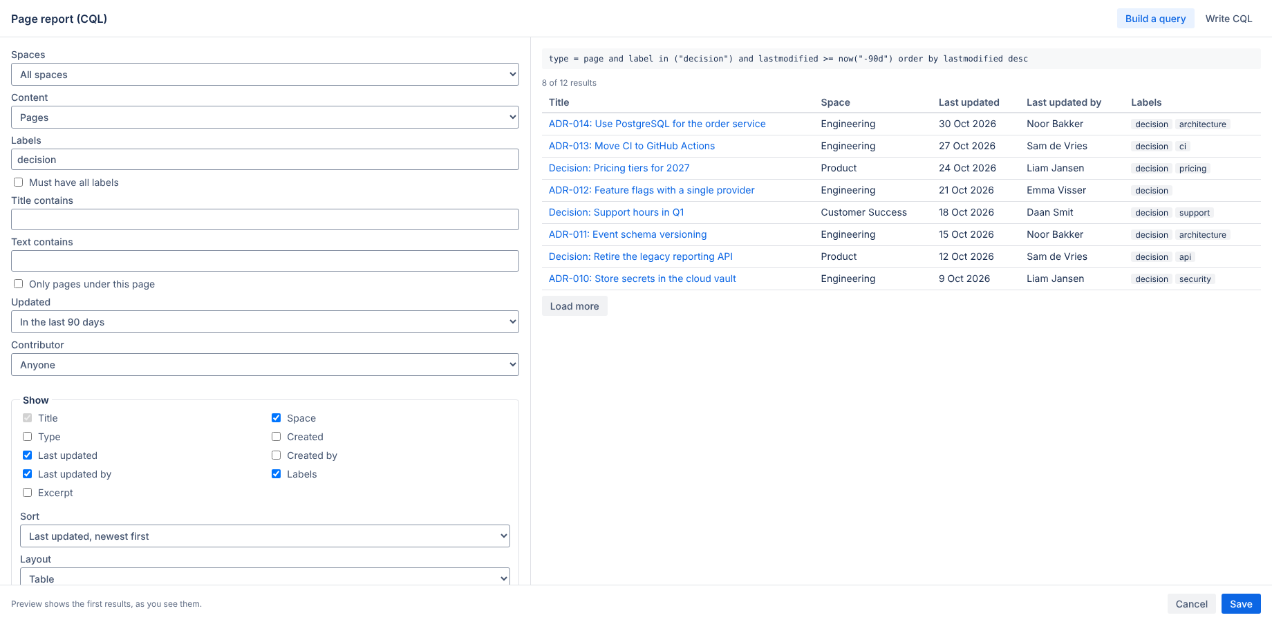 The report editor with query builder and live preview